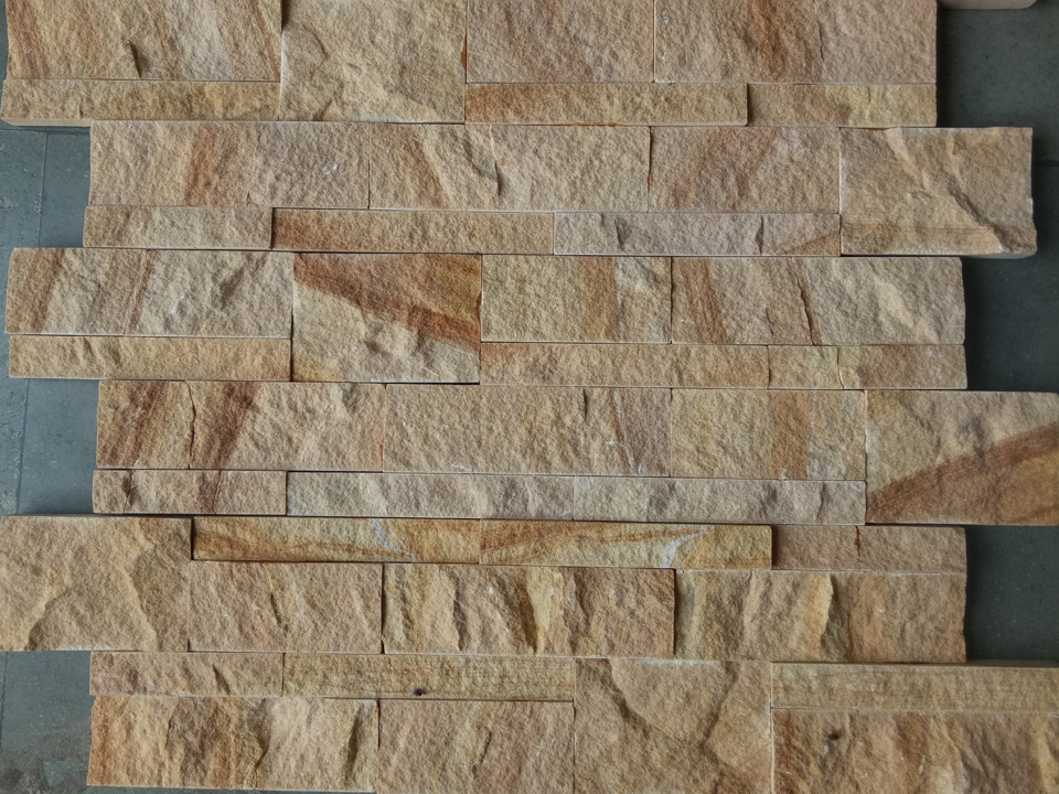 Yellow Teak Sandstone stacked cultured split face elevation wall cladding tiles